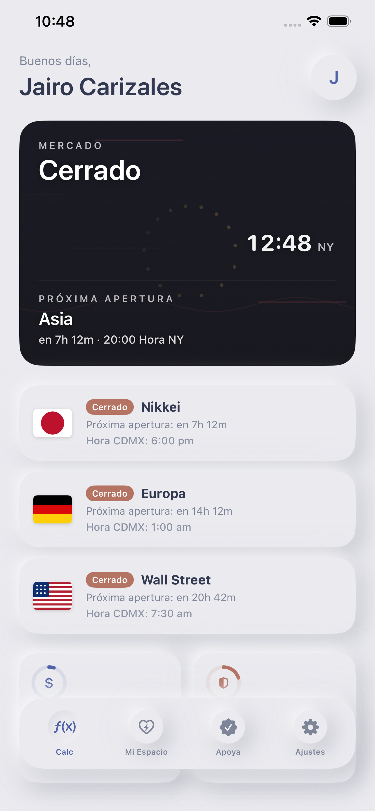 Pantalla de inicio con sesiones de mercado