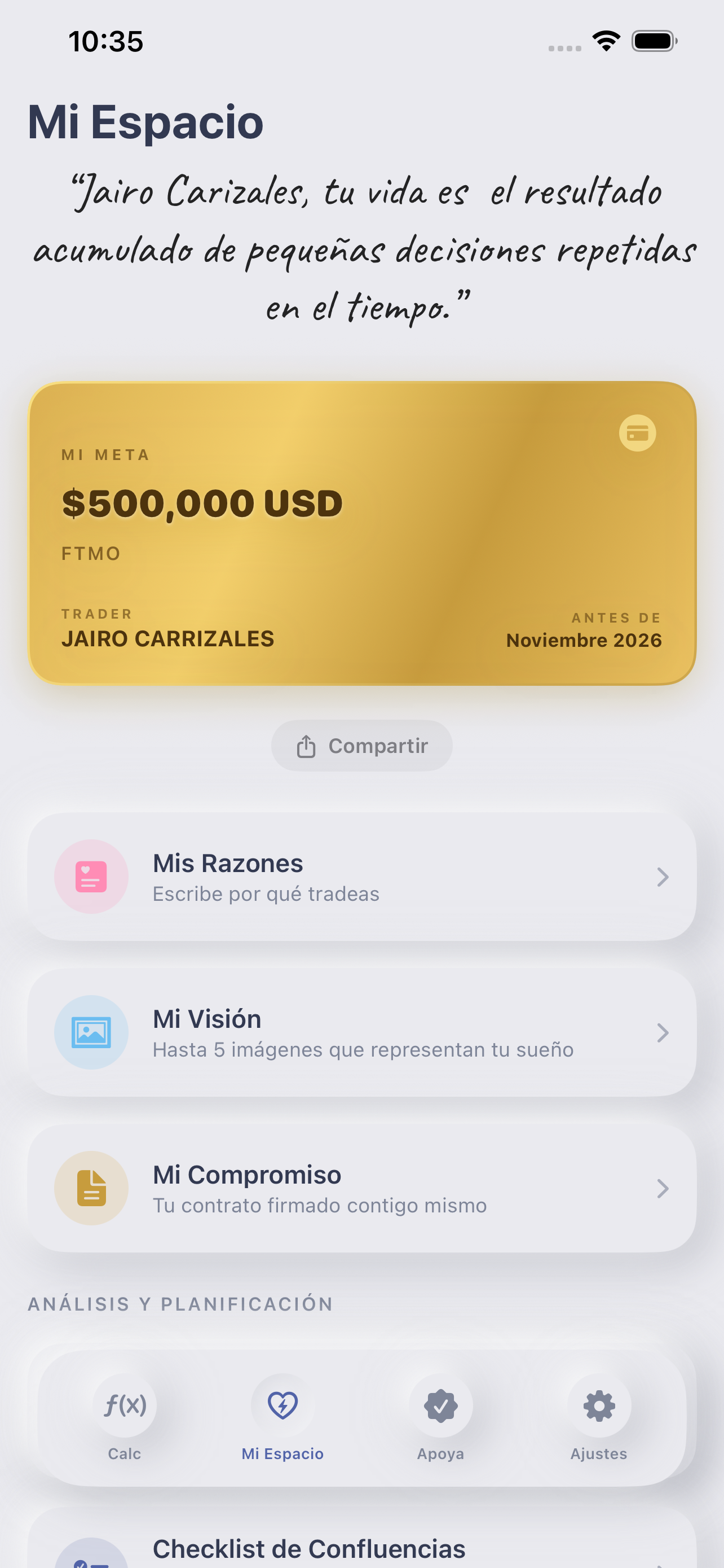 Mi Espacio con tarjeta dorada de metas